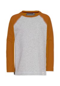 Langærmet skjorte med grå krop, orange raglanærmer, rund hals og et lille logomærke nederst til venstre. Blødt bomuldsblandingsmateriale.