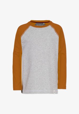 Langærmet skjorte med grå krop, orange raglanærmer, rund hals og et lille logomærke nederst til venstre. Blødt bomuldsblandingsmateriale.