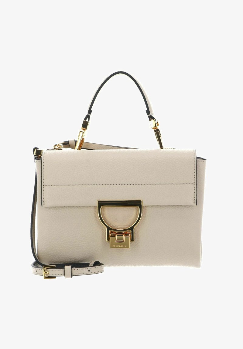 Beige leather handbag with top handle, gold-tone clasp, and detachable shoulder strap, rectangular shape, smooth textured finish.