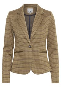 Blazer à motif quadrillé marron et doré. Présente une coupe cintrée, des revers crantés, une fermeture à un bouton et deux poches avant.