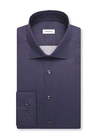 Chemise homme bleu foncé à motif petits losanges bleu clair et blanc, pliée avec poignets boutonnés et col large.
