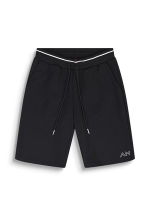 Zwarte knielange shorts met witte bies op de tailleband, trekkoordsluiting, zijzakken en een klein wit "AM"-logo op het linkerbeen.
