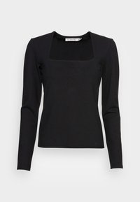 Top nero a maniche lunghe con scollatura quadrata, realizzato in tessuto elasticizzato, caratterizzato da un design aderente e una texture liscia.