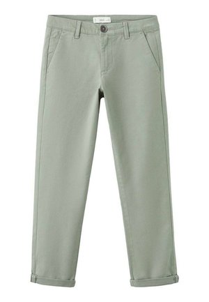 Vaaleanvihreät, suorat housut puuvillasekoitetta, joissa on kaksi sivutaskua, napillinen suljenta ja käännetyt lahkeensuut.
