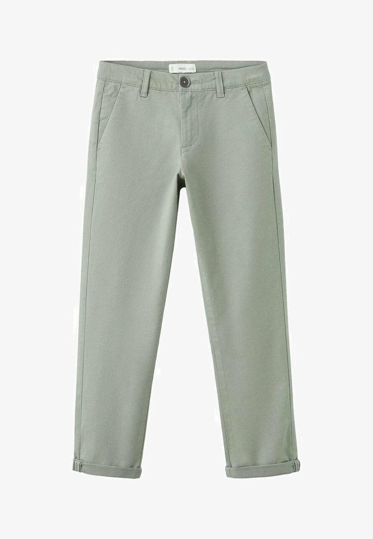 Pantalon vert clair à jambes droites en mélange de coton, avec deux poches latérales, fermeture par bouton et revers au bas.