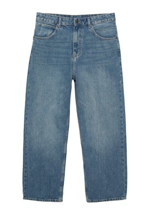 Blugi albaștri, cu picior drept, cinci buzunare, nasture la închidere și curele pentru centură, fotografiați întinși pe un fundal alb.