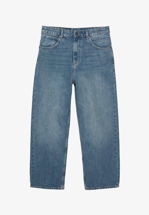 Blugi albaștri, cu picior drept, cinci buzunare, nasture la închidere și curele pentru centură, fotografiați întinși pe un fundal alb.