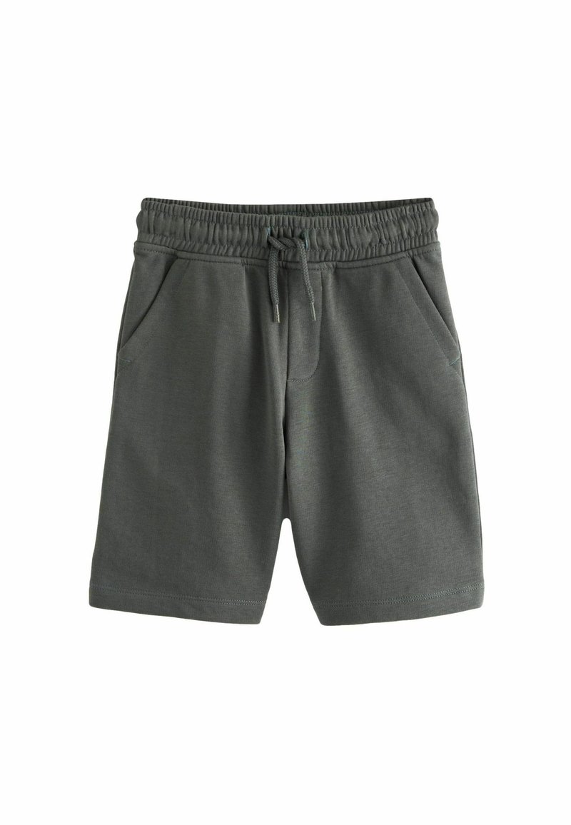 Shorts en mélange de coton gris avec une taille élastique, un cordon de serrage et deux poches latérales ; texture lisse et coupe au niveau du genou.
