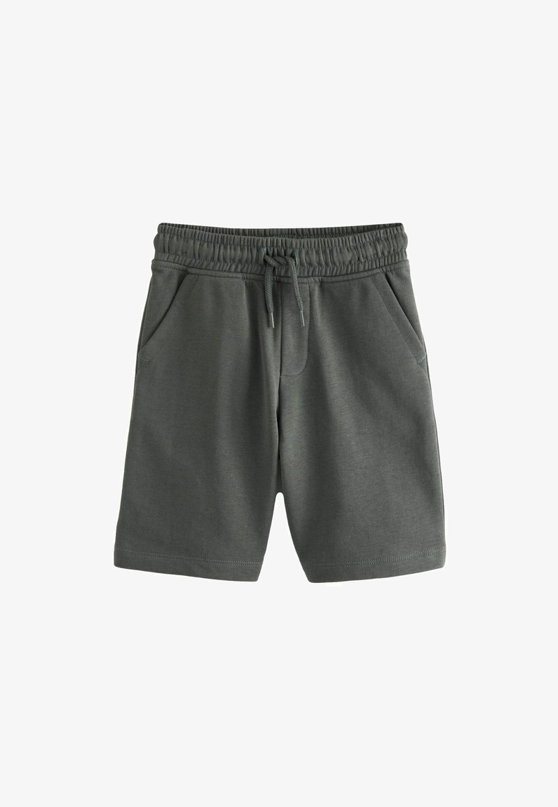 Shorts in cotone grigio con elastico in vita, cordoncino e due tasche laterali; texture liscia e taglio fino al ginocchio.