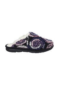 Wool slipper with a black, purple, and pink spiral pattern; white faux fur lining; rubber sole; open back design for easy wear.