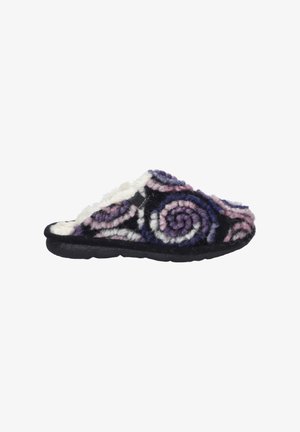 Wool slipper with a black, purple, and pink spiral pattern; white faux fur lining; rubber sole; open back design for easy wear.