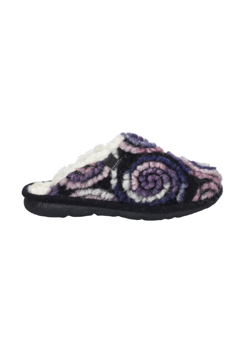 Wool slipper with a black, purple, and pink spiral pattern; white faux fur lining; rubber sole; open back design for easy wear.