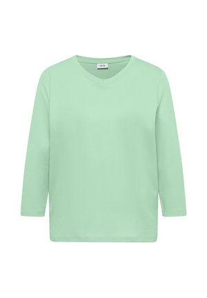 Mintgrünes Langarm-V-Shirt mit V-Ausschnitt, geradem Saum und sichtbarem Etikett mit der Aufschrift "CECIL" vor weißem Hintergrund.