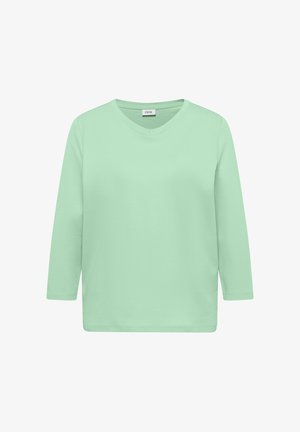 Mintgrünes Langarm-V-Shirt mit V-Ausschnitt, geradem Saum und sichtbarem Etikett mit der Aufschrift "CECIL" vor weißem Hintergrund.