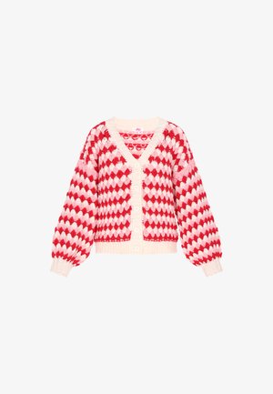 Rot und rosa gemusterte Strickjacke mit V-Ausschnitt, weiten Ärmeln und Knopfverschluss. Verfügt über einen dicken gerippten Saum und Bündchen.