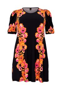 Schwarzes Kleid mit kurzen Puffärmeln, das lebendige Blumenmuster in Pink und Orange aufweist. Glatter Stoff und lockere Passform.