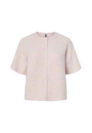 Svetlo roza, kratka majica s kratkimi rokavi, rebrasto pletena, z okroglim izrezom in zapiranjem spredaj na gumbe.