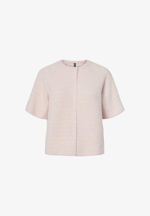 Svetlo roza, kratka majica s kratkimi rokavi, rebrasto pletena, z okroglim izrezom in zapiranjem spredaj na gumbe.