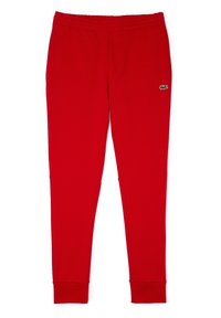 Rode slim-fit sweatpants met een elastische tailleband en cuffed enkels, met een klein groen krokodillogo op de rechterbovenbeen.