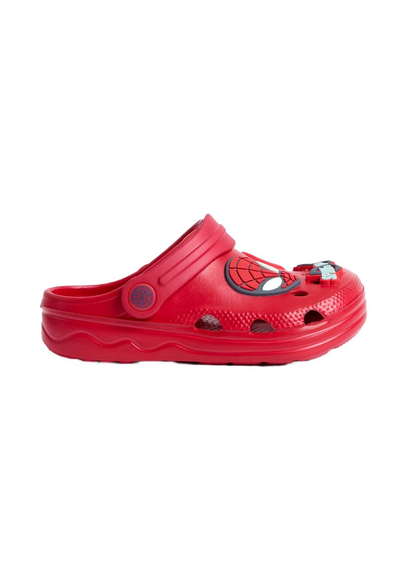 Red plastic clog featuring Spider-Man design, circular vents, and a raised back strap. Smooth texture with a lightweight build.
