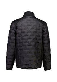 Svart pufferjacka med en quiltad textur, hög krage och kontrasterande svarta meshnätspaneler på axlarna och sidorna.