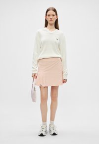 Witte lange mouwen trui met V-hals, gecombineerd met een roze gestreepte geplooide mini rok. Witte sneakers en een kleine roze handtas maken de outfit compleet.