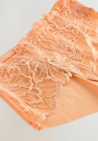 Perzikkleurige lingerie met ingewikkelde kantdetails en gegolfde randen, met een gladde binnenstof en subtiele gouden accenten.