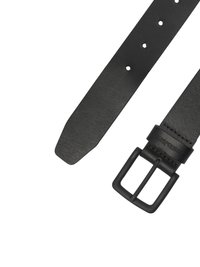 Black leather belt with a smooth texture, adjustable holes, and a matte black metal buckle. Features a tapered end for easy fastening.