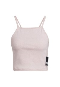 Crop top court rose clair côtelé avec fines bretelles, encolure carrée et étiquette logo Adidas noire sur le côté.