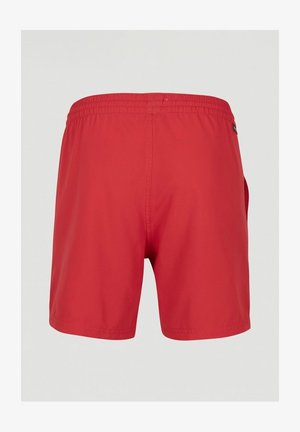 Rde plavalne kratke hlače z elastičnim pasom, gladko teksturo in logotipom blizu hrbta. Kratka dolžina in preprost dizajn.