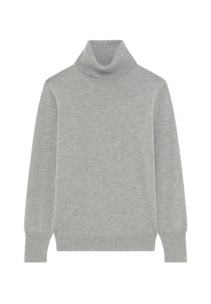 Grauer Rollkragenpullover aus weichem Strickstoff. Mit langen Ärmeln, geripptem Kragen und Bündchen. Klassisches, tailliertes Design ohne Muster.