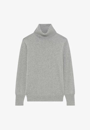 Grauer Rollkragenpullover aus weichem Strickstoff. Mit langen Ärmeln, geripptem Kragen und Bündchen. Klassisches, tailliertes Design ohne Muster.