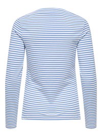 Langærmet top med et mønster af horisontale striber i marineblå og hvid. Lavet af blødt stof med rund halsudskæring og figursyet form.