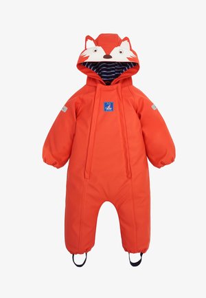 Lys orange babysneheldragt med hætte med rævehoveddesign, elastiske manchetter, fodstropper og stribet inderfor.