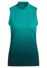 Ärmlös teal topp med hög krage, som har ett texturerat mönster och en gradient från ljusare till mörkare nyanser.