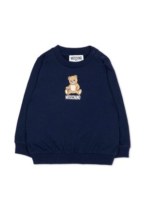 Sweat-shirt bébé bleu marine avec poignets et ourlet côtelés, avec un petit ours en peluche et le texte "Moschino" sur le devant.