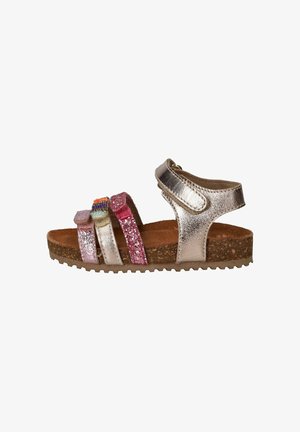 Kindersandaal met kurken zool en metallic bandjes in roze en zilver, met kralen en glitter details, en verstelbare klittenbandsluiting bij de enkel.