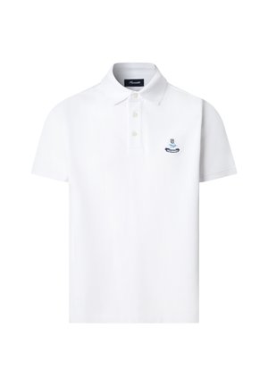 Wit polohemd met korte mouwen, knoopsluiting bij de kraag en een klein marineblauw geborduurd logo op de linkerborst.