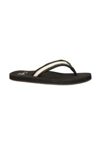 Zwarte flip-flop sandaal met een gestructureerde zwarte voetbed, dunne zwarte banden en witte geweven accentdetails op de banden.