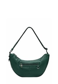 Borsa a tracolla in pelle verde scuro con una forma curva, una tasca con cerniera frontale e una tracolla nera lunga e regolabile. Texture liscia.