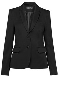 Svart blazer med en notch lapel, två knappar och två framfickor. Tillverkad av ett slätt tyg, med en skräddarsydd passform och strukturerad silhuett.