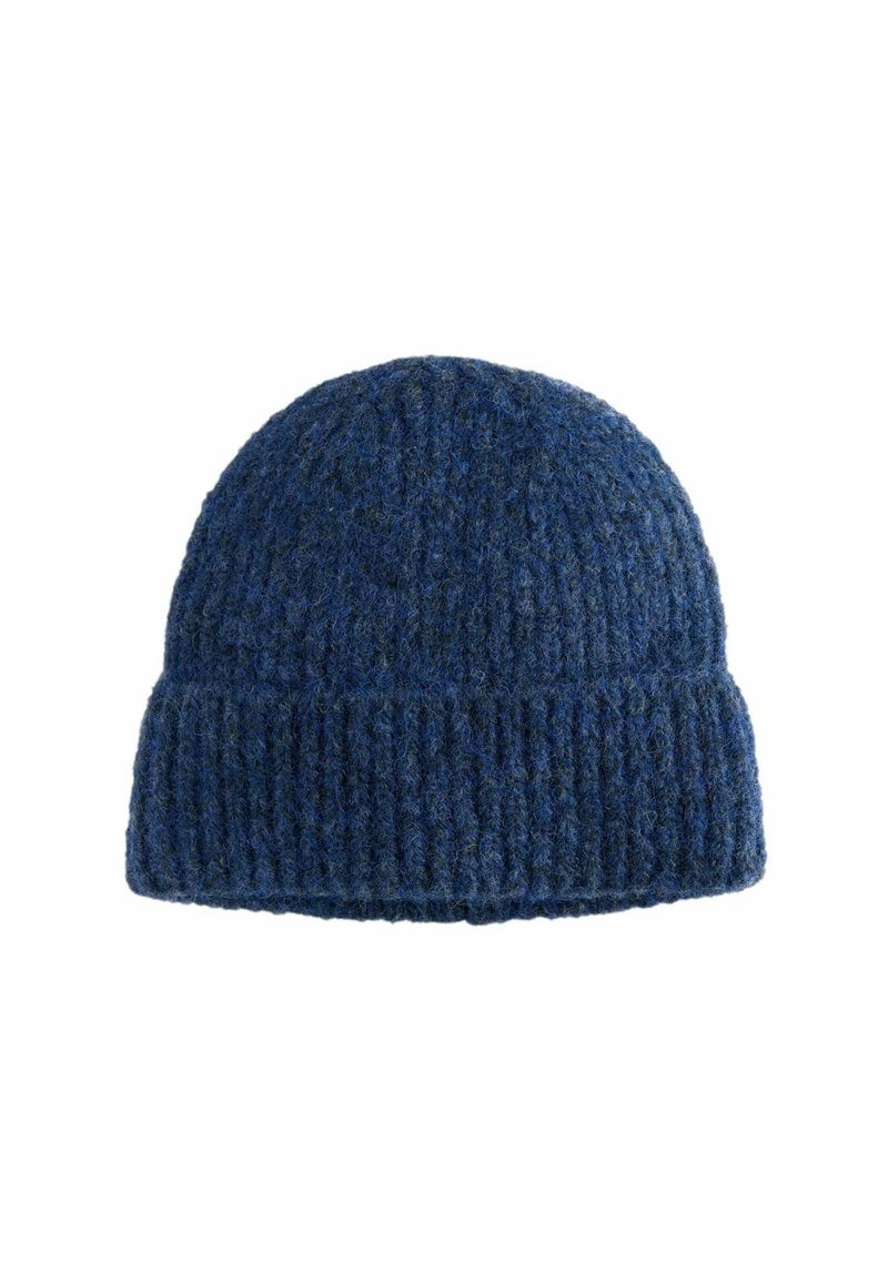 Kootud villane beanie sügavas sinises toonis. Omab tekstuurilise ribakujundusega disaini ja volditud ääre alusel. Pehme ja soe materjal.
