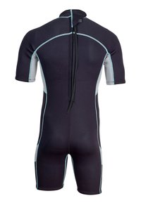 Korte mouwen wetsuit in zwart met grijze accenten en blauwe stiksels. Heeft een rits aan de achterkant en biedt een strakke pasvorm, ontworpen voor wateractiviteiten.