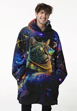 Hooded sweatshirt featuring a galaxy design with a cat in sunglasses, predominant colors include black, blue, and multicolored cosmic accents.