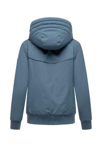 Veste à capuche bleue au toucher lisse, avec des poignets élastiques et un ourlet côtelé ; comprend une poche zippée dans le dos et une capuche arrondie.