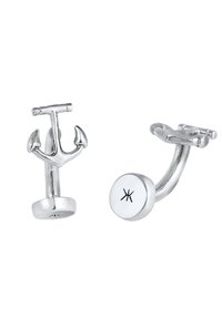 Silverfärgade manschettknappar med ankardesign och en cirkulär detalj med en gravyrlogotyp. Slät metallyta med en polerad yta.