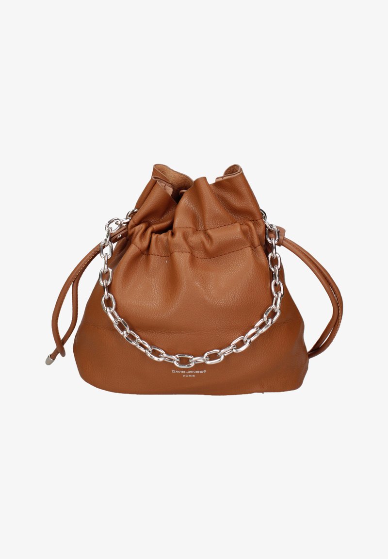 Brown leather bucket bag with a drawstring closure, silver chain handle, and smooth texture. Features brand logo on the front.