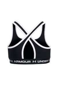 Črn športni modrček z belimi detajli, ki ima križno hrbtno zasnovo in širok elastičen pas z napisom 'ARMOUR UNDER'. Gladek material z teksturo.