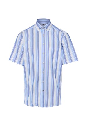 Overhemd met korte mouwen, verticale blauwe en witte strepen en een knoopsluiting aan de kraag.