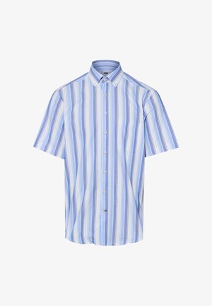 Kurzärmeliges Hemd mit vertikalen blau-weißen Streifen und einem geknöpften Kragen.